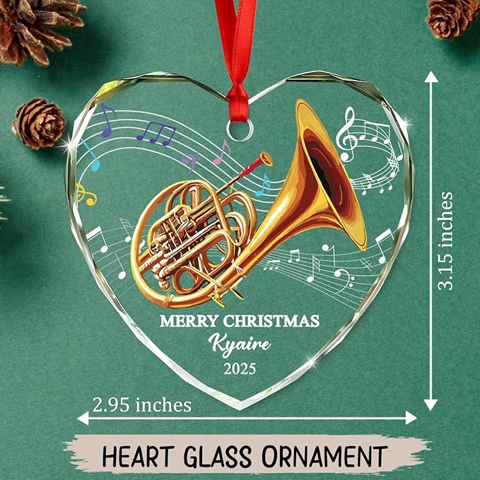 Customized French Horn Instrument Glass Ornament Xmas Tree, Personalized Year Text Name French Horn Lover Christmas Ornaments Gift for Dad Mom Husband Wife Uncle Aunt,Unique Horns Glass Xmas Ornament