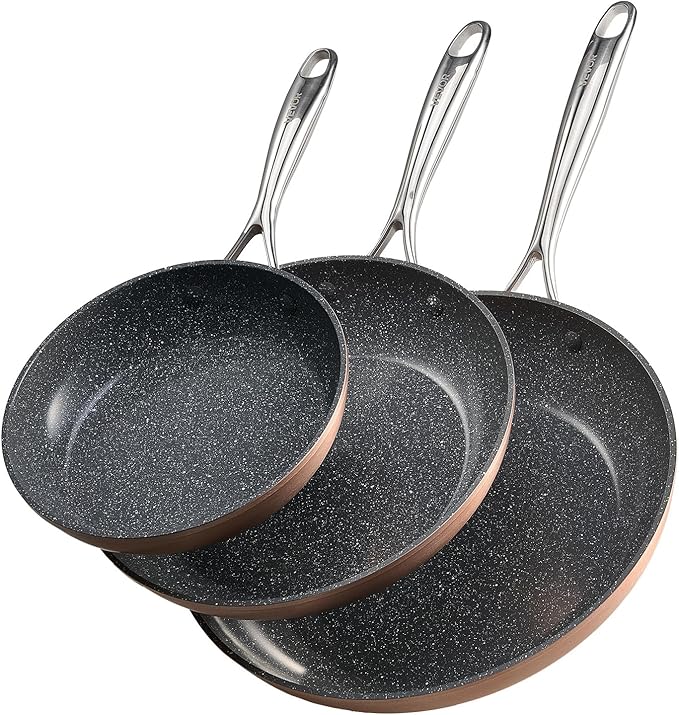 VEVOR Frying Pan Skillet, 3 Piece (8, 10, 12 in), Nonsitck Ceramic Heavy-Duty Skillets with Heat-Resistant Handle, Chef's Cookware, for Oven, Gas, Electric, Induction, Grey