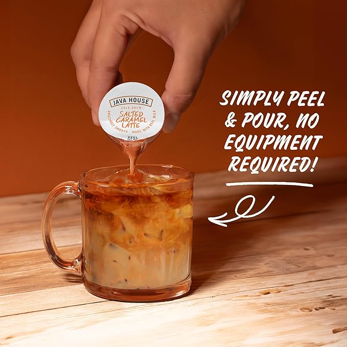 JAVA HOUSE Salted Caramel Latte Cold Brew Coffee Pods, (48 Count) Peel and Pour Pods Hot or Iced