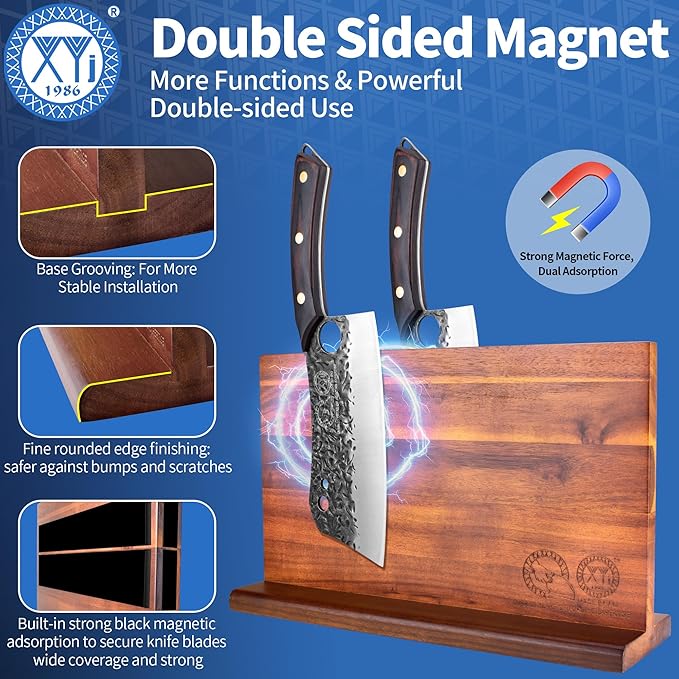 XYJ Authentic Since 1986, Knife Block Set, Full Tang Knives Set with Holder, Cutting Board, Sharpener Rod, Scissors, Cut Resistant Gloves, High Carbon Steel Blades, Cleaver, Slicing Kitchen Knives