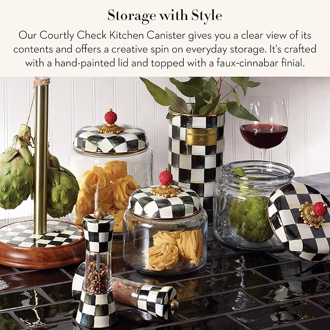 MACKENZIE-CHILDS Courtly Check Kitchen Canister, Decorative Black-and-White Glass Storage Jar with Lid, Large