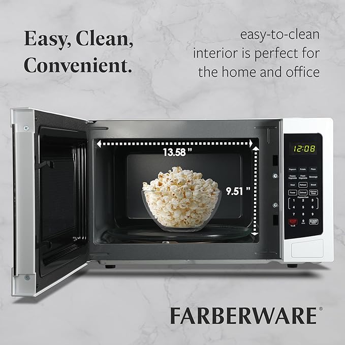 Farberware 1.1 Cu. Ft. Countertop Microwave Oven – 1000 Watts Power, Auto Cook Settings, Defrost, Easy Clean and Child Safety Lock-White