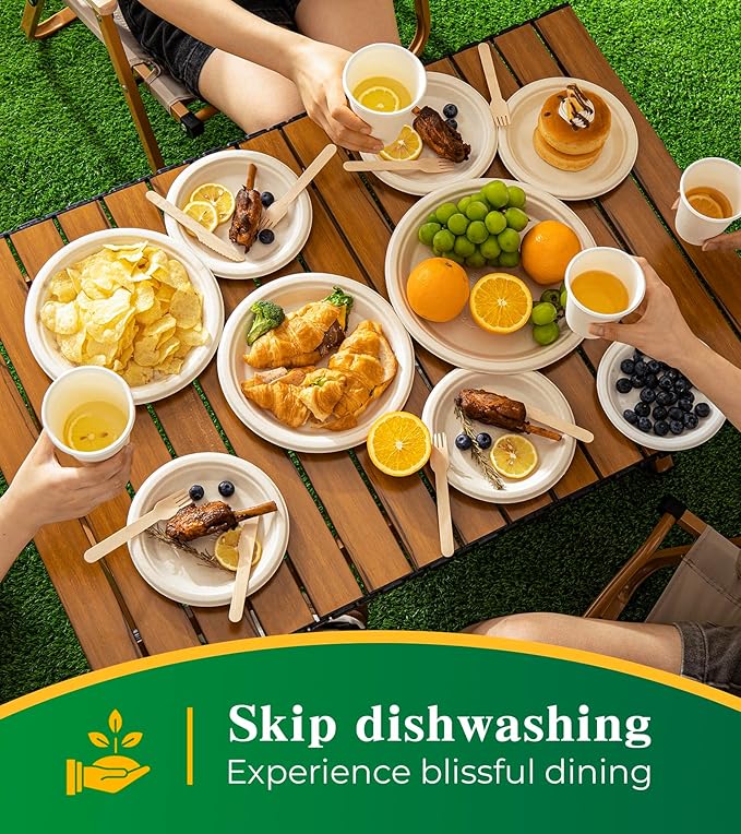 100% Compostable Paper Plates, 7 Inch, 125 Count, Heavy Duty Disposable Plates by Biodegradable Bagasse, Dessert Plates Bulk for Party | Microwave-Safe | Soak-Resistant, Cut Resistant