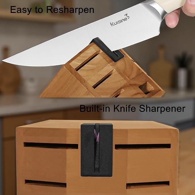 Kuisine Sharp Chef Knife Set,High Carbon Stainless Steel Ergonomic Rivet Handle,Knife Block Set with Built-in Sharpener(Acacia Ivory Pro,15PCS)