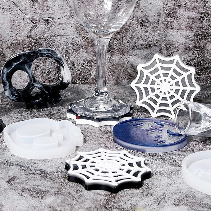 Halloween Coaster Resin Mold, 6Pcs Coaster Silicone Molds for Epoxy Resin, Skull Spider Web Cemetery Coaster Mold for Epoxy Casting, Jewelry Storage Candle Holder Mold for Craft Home Halloween Decor