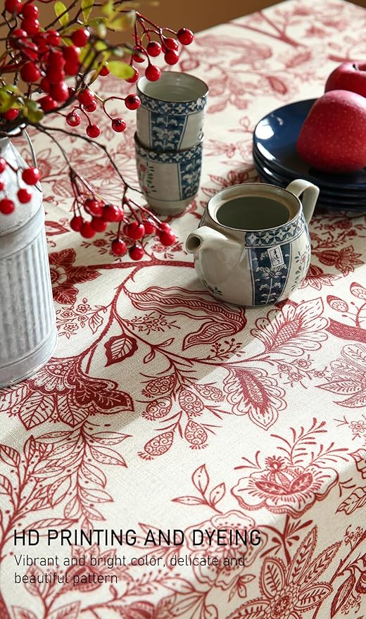 ISAENNE Designer French Linen Tablecloth Rectangular,Red Floral Washable Indoor Table Cloth,Durable Home Decor Tablecloths for Dining Thanksgiving Kitchen Party Christmas,55"*87"-Ruyi A