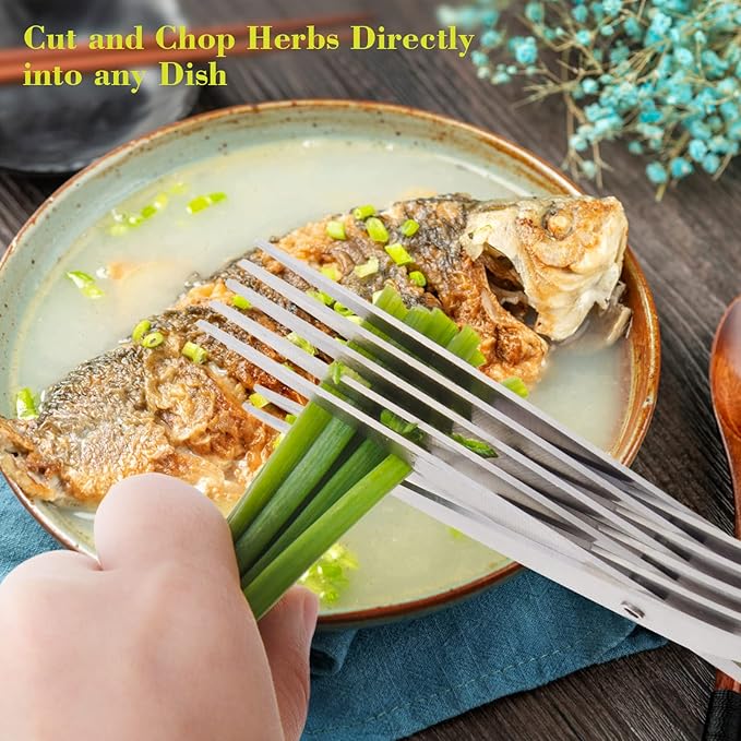 Styleonme Scissors Herb, Sharp Heavy Scissors for Cutting, Chopping and Cooking Fresh Garden Herbs, 5 Stainless Steel Blades and Covers, Vanilla Cutter Chopper Kitchen Gadgets