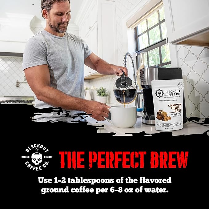 Blackout Coffee Cinnamon French Toast Flavored Ground Coffee – Medium Roast, Smooth Taste, Guilt-Free Indulgence – Freshly Roasted 12oz Pouch, American Made