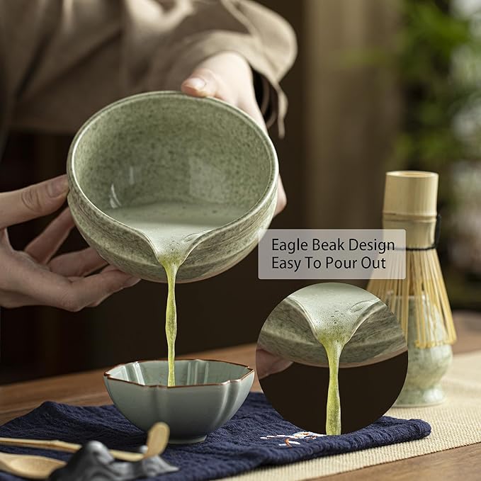 Matcha Whisk Set – 8 Pcs Matcha Set with Ceramic Bowl with Spout, Bamboo Whisk, Holder, Scoop, Sifter, and Tea Towel – Complete Japanese Matcha Kit for Ceremony and Gift (Matcha Green)
