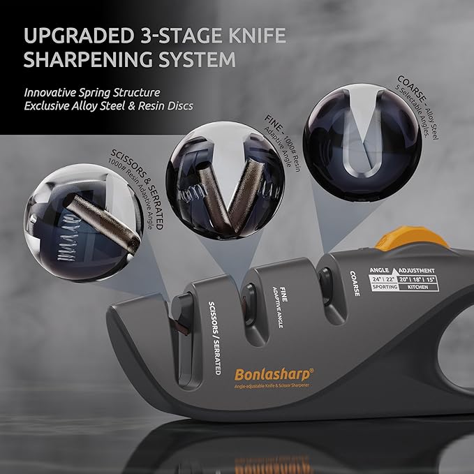 5-Angle Adjustable Knife Sharpener (15°-24°) – Effortless Precision for Kitchen, Bread, Serrated Knives & Scissors | Handheld Sharpener with Self-Adapting Fine Slot for Safe, Reliable Sharpening