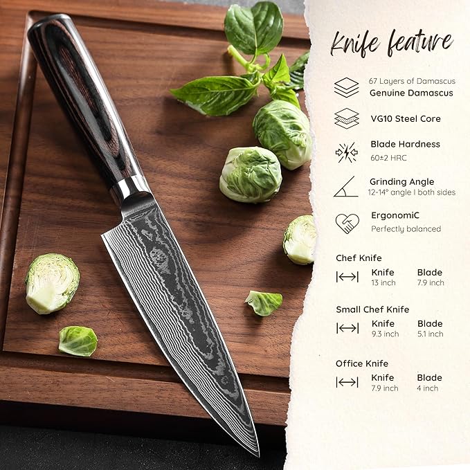 Wakoli ESE 3-Piece Damascus Knife Set – Professional Chef’s Knives | 67-Layer VG10 Core Steel | Ergonomic Pakkawood Handles | Premium Kitchen Knives in Wooden Gift Box