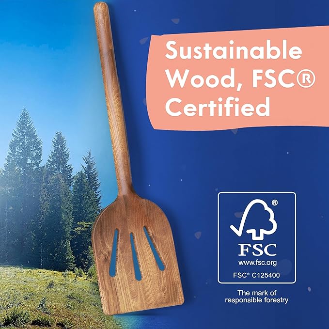 Non-Toxic Cooking Utensils – 6-Piece Kitchen Utensils Set, Glue-Free & One-Piece Wooden Spoons for Cooking, Natural Wooden Utensil Set with Plant-Based Finish, Free of Forever Chemicals