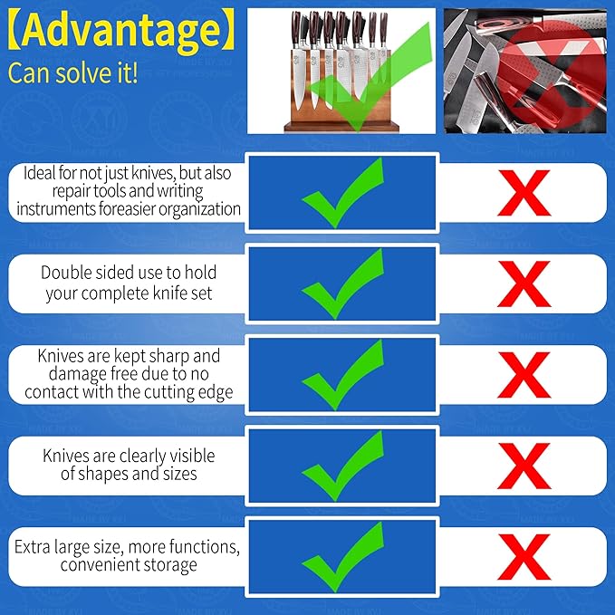 XYJ Extra Large Magnetic Knife Block Acacia Wood Knife Set Holder Stand With Stronge Magnetic Strip Kitchen Knives Storage Rack Organizer Tools No Drilling