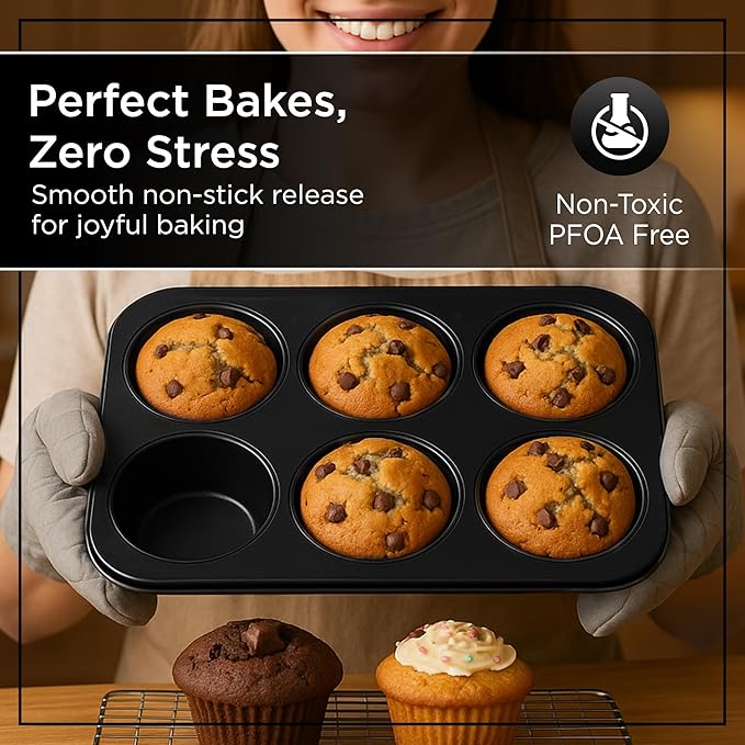 Wrenbury Jumbo Muffin Pan 6 Cup - Nonstick XL Deep Muffin Pan for Baking 3.75" Cup - Big Cup Tin - Oversized Extra Large Cupcake Mold - Dishwasher Safe - PTFE Free
