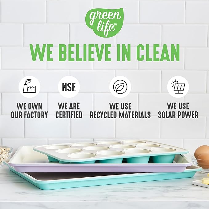 GreenLife 12-Cup Muffin Pan, Healthy Ceramic Nonstick Bakeware, PFOA & PFAS-Free Cupcake Sheet, Durable Baking Tray, Versatile Kitchen Essentials, Easy Clean Muffin Mold, Nonstick Baking Pan, Black