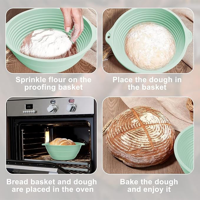 Upgraded Silicone Sourdough Bread Proofing Basket with Handles - Reinforced Rim Support, 9 Inch Round Foldable Bowls for Sourdough Bread Baking, Oven & Dishwasher Safe-BPA Free (Green)