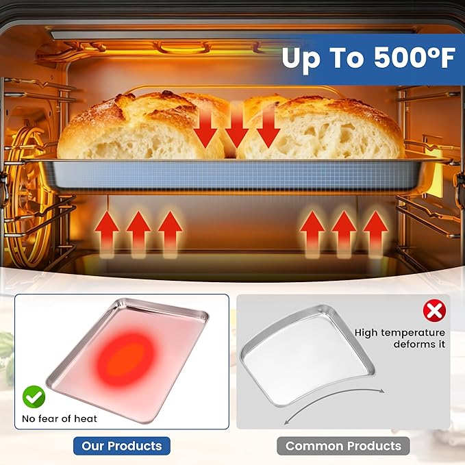 6 Pack Stainless Steel Baking Sheet Pans, 17.3" L × 12.2" W × 1" H Cookie Sheets for Toaster Oven, Rust-Resistant, Dishwasher Safe