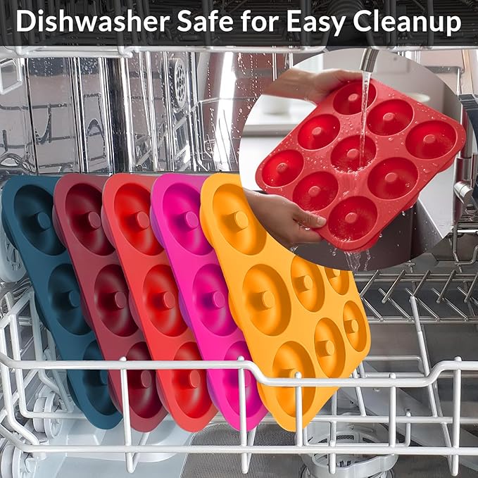 Large Silicone Donut Pan for Baking, 9 Cavity Non-Stick Food Grade Silicone Donut Molds, Doughnut Pan and Bagel Pans for Baking & Kitchen, BPA Free 11.2 x 11.1 Inches, Dishwasher Safe - Bright Red