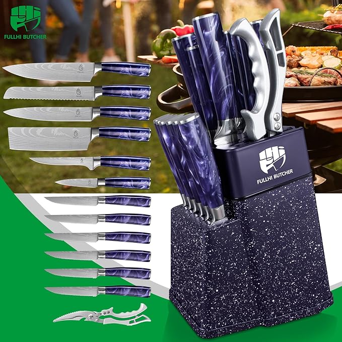 FULLHI 14pcs Block Knife Set, Chef's Knife Steak Knives Set with Block and Sharpener, Kitchen Knife Set, Multi-colour Handle, Gifts for Men Women