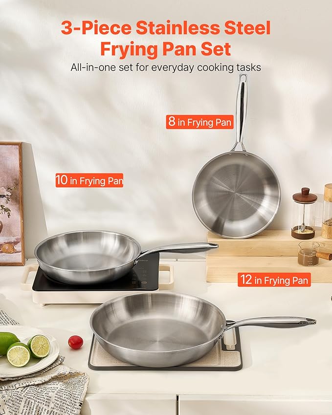 VEVOR Tri-Ply Stainless Steel Frying Pan, 3 Pcs Set (8, 10, 12 in), Cooking Skillet with Heat-Resistant Handle, Chef's Kitchen Cookware, Oven, Gas, Electric, Induction, Dishwasher Compatible, Silver