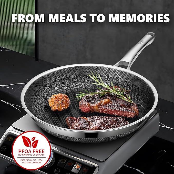 Non Stick Frying Pans Set with 2 Lid, Hybrid Pans Set Nonstick (8+10+12inch),Skillets for cooking, PFOA Free Stainless Steel Kitchen set, Dishwasher and Oven-Safe Cookware Sets