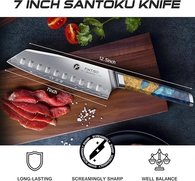 FINTISO Santoku Knife 7 inch Kitchen Knife S35VN Powder Steel Core for Meats Vegetables, 7-Layers Clad Steel Japanese Chef Knife Super Sharp Chopping Knife with Celestial Resin & Wood Handle Best Gift