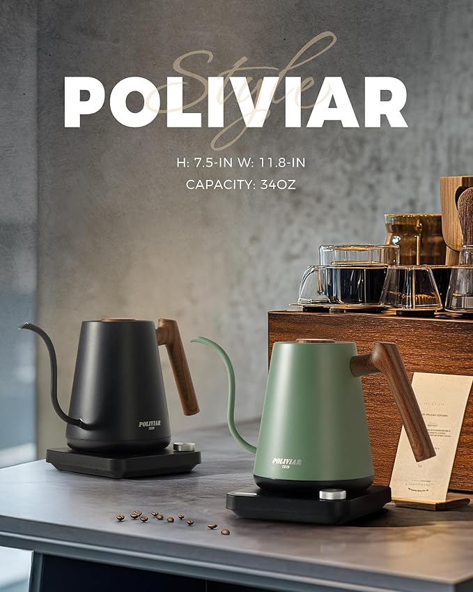 POLIVIAR Electric Gooseneck Kettle, 1350W Electric Tea Kettle Wood Pattern Handle, 34oz Pour Over Electric Kettle for Coffee & Tea, 18/8 Stainless Steel Inner, Temperature Control & Rapid Heating