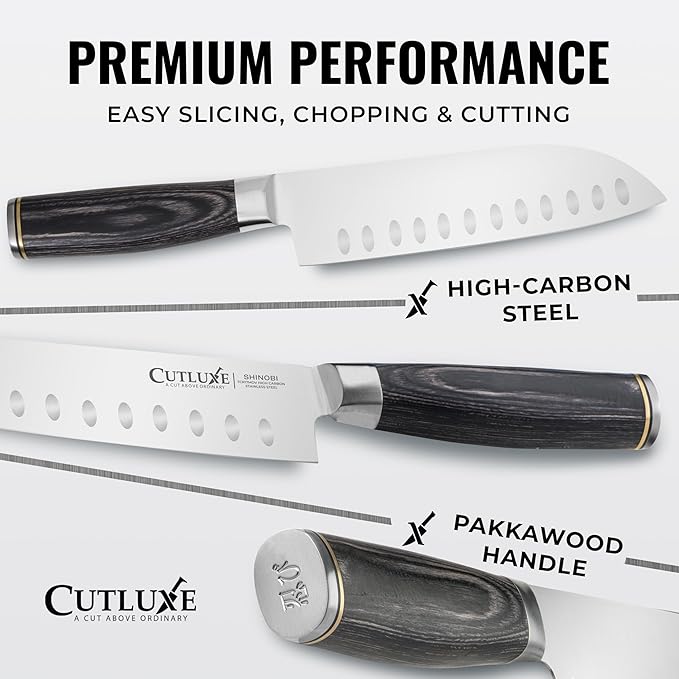 Cutluxe Santoku Knife – Ultra Sharp 7 Inch Vegetable Japanese Knife for Chopping, High Carbon Stainless Steel Blade, Full Tang Pakkawood Handle – Shinobi Series