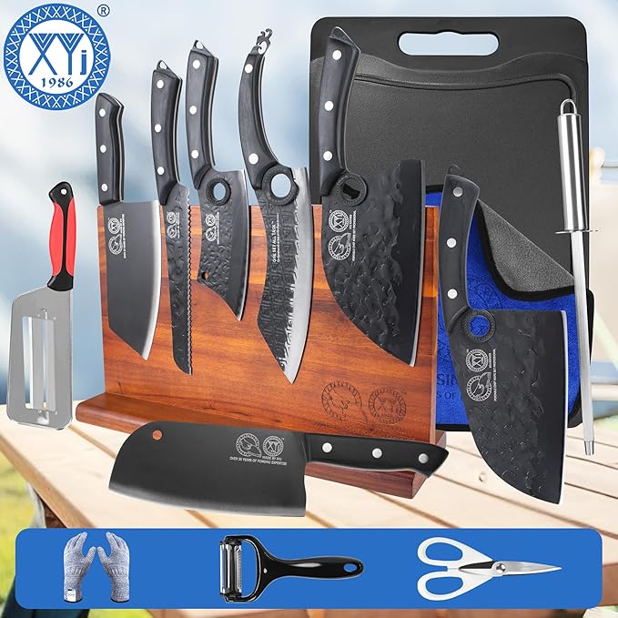 XYJ Knife Block Set, Full Tang Kitchen Knives Set with Block, Sharpening Stick, Chopping Board, Scissors, Mini Knife, Gloves, Cleaning Cloth, Pakkawood Handle Knives