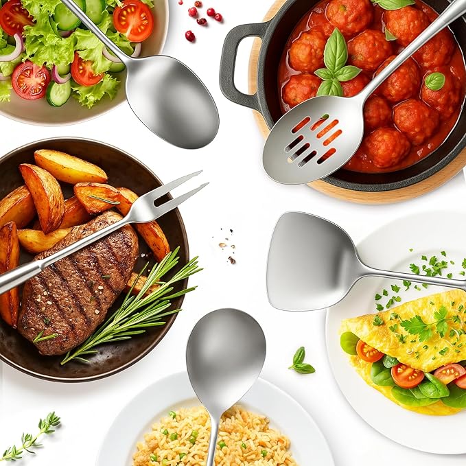Newness 10 Pcs Cooking Utensils Set, 304 Stainless Steel Kitchen Utensils Set, Metal Kitchen Accessories, Include Soup Ladle, Slotted Skimmer Spoon, Spaghetti Spoon and Spatula, Tongs,Dishwasher Safe