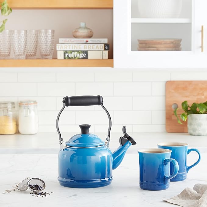 Le Creuset Enamel On Steel Demi Kettle & Stoneware Set of 2 Mugs, 1.25 qt. Kettle & (2) 14 oz. Mugs, Marseille