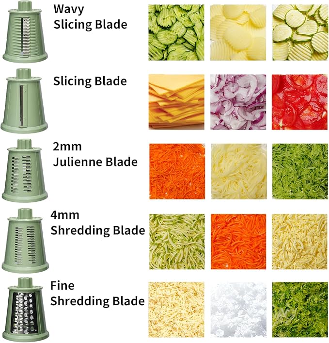 Rotary Cheese Grater Shredder - Upgraded 5 in 1 Cheese Grater with Handle and Strong Suction Base, Multi-purpose Julienne Slicer Ice Shaver Nuts Grinder for Ice, Vegetables, Fruit, Nuts