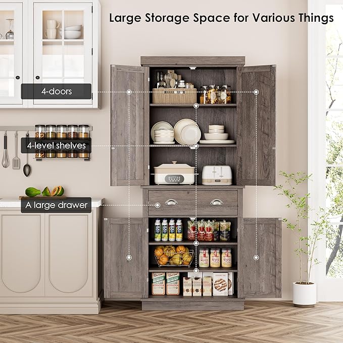 FOTOSOK 72" Kitchen Pantry Storage Cabinets with Drawer, Freestanding Cupboard with 4 Doors, Drawer, 4 Shelves, Utility Pantry Cabinet for Kitchen, Dining Room, Living Room, Ash Grey