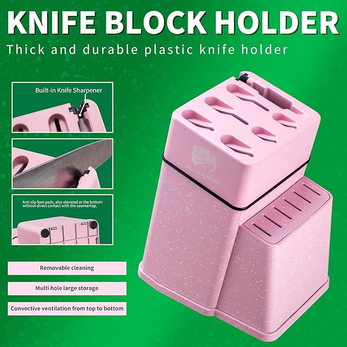 FULLHI 14pcs Block Knife Set, Chef's Knife Steak Knives Set with Block and Sharpener, Kitchen Knife Set, Multi-colour Handle, Gifts for Men Women