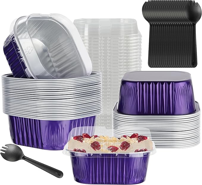 30PCS 10OZ Mini Cake Pans with Lids - Aluminum Foil Baking Cups - Mini Square & Cheesecake Pans for Birthday & Holiday Baking, Violet