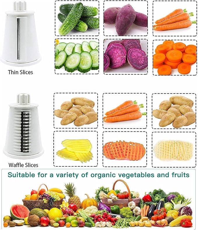 Rotary Cheese Grater Chopper Vegetable Cutter Slicer with Stainless Steel Drum Blades for kitchen, 5 in 1 Manual Round Mandoline Julienne Shredder Potato Grinder for Fruit, Nuts,Onion White