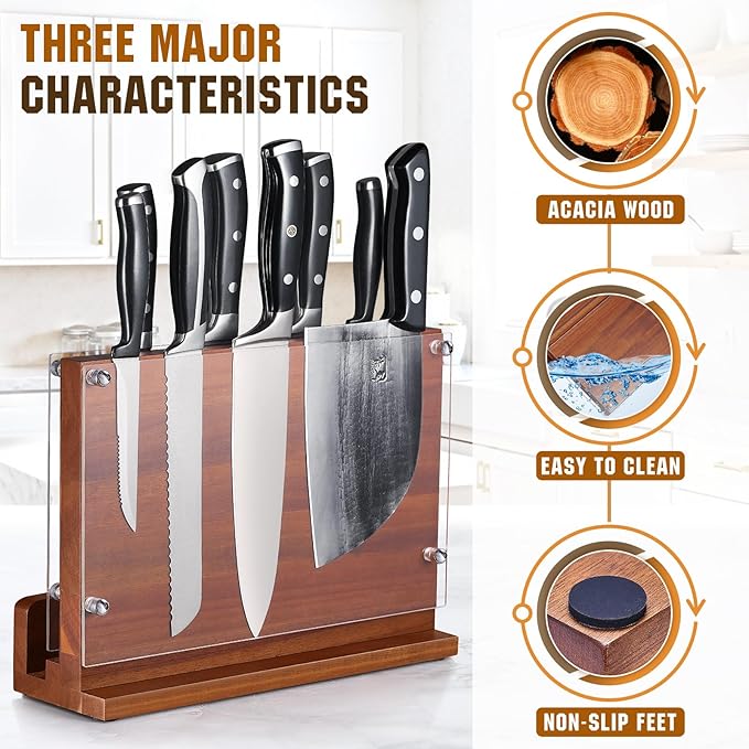 ENOKING Magnetic Knife Block with Acrylic Shield 12 x 9 Inches, Double Side Kitchen Knife Holder without Knives- Acacia Wood Universal Knife Storage Organizer with Powerful Magnet for Kitchen Counter