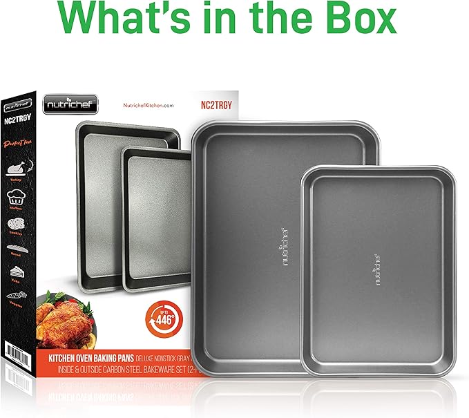 NutriChef 2-Piece Large & Medium Cookie Sheets for Baking - Non Stick Baking Sheet for Cookies, Sheet Cakes & Roasting - Dishwasher Safe - Gray