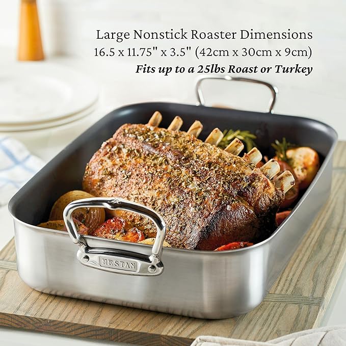 Hestan Provisions – 16.5" Classic Clad Nonstick Roasting Pan with Stainless Steel Rack