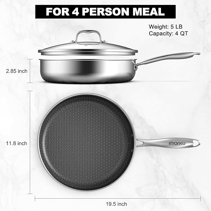 imarku Non Stick Frying Pans, 11.8 inch Hybrid Frying Pans Nonstick with Tempered Glass Lid, Stainless Steel Skillet, Dishwasher and Oven Safe Cooking Pan, Works with All Cooktops, PFOA Free Cookware