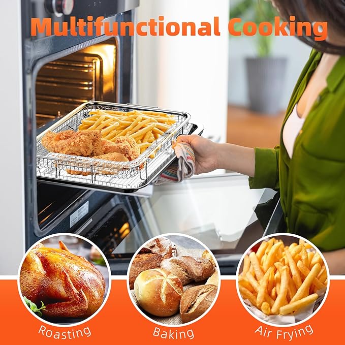 Air Fryer Basket for Oven, 2 Set Oven Air Fryer Basket and Tray with 60 PCS Parchment Papers, DEGOVIN Crisper Tray Non-stick Stainless Steel Air Fry Pans for Convection Oven(15.8" × 11" & 13" × 9.7")
