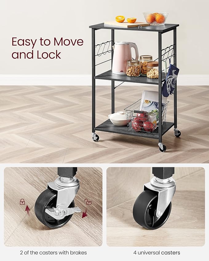 VASAGLE Kitchen Shelf on Wheels, Serving Cart with 3 Shelves, Kitchen Cart, Microwave Shelf, for Mini Oven, Toaster, with 6 Hooks, Industrial Stylee, Ebonized Oak Finish and Black UKKS060B42
