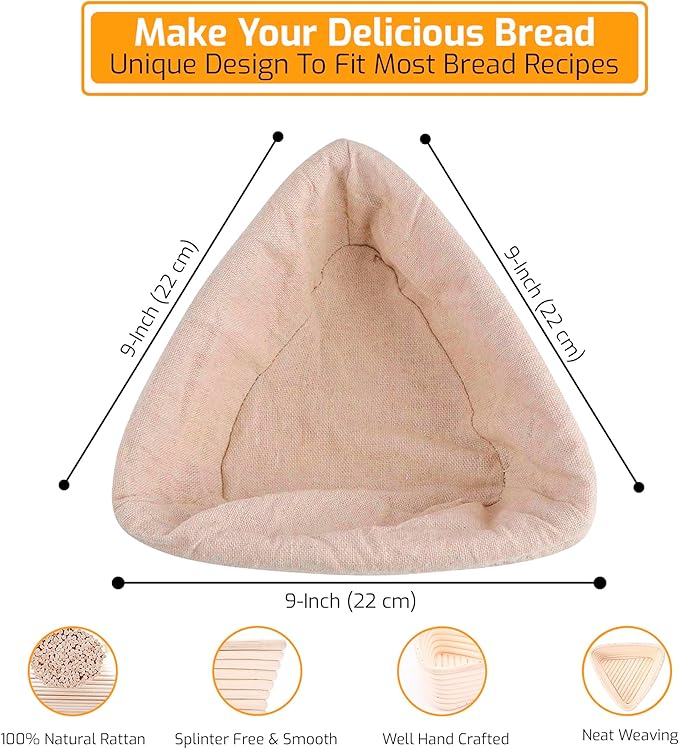 Triangle Bread Proofing Basket - Sourdough Basket, Rattan - Starter Kit for Baking Triangle Loaves- Gift Set