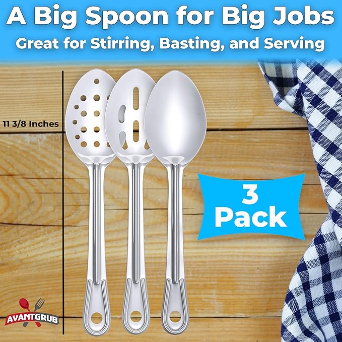 Super Strong, Ergonomic 11 in Serving Spoon 9 Pk. Big, Stainless Steel Spoons for Cooking, Baking, Stirring and Basting. Best Kitchen Flatware for Buffet and Banquet Service in Restaurants and at Home
