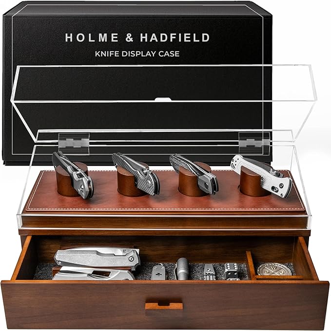 Premium Pocket Knife Display Case for 10 Knives - Wooden Knife Organizer, Storage & Holder with Unique Pillars, Hinged Cover, Drawer - Knife Collection Box - Handcrafted for Men