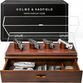 Premium Pocket Knife Display Case for 10 Knives - Wooden Knife Organizer, Storage & Holder with Unique Pillars, Hinged Cover, Drawer - Knife Collection Box - Handcrafted for Men