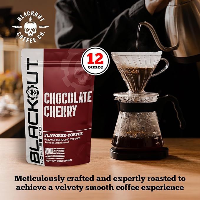 Blackout Coffee Chocolate Cherry Flavored Ground Coffee – Medium Roast, Smooth Taste, Guilt-Free Indulgence – Freshly Roasted 12oz Pouch, American Made