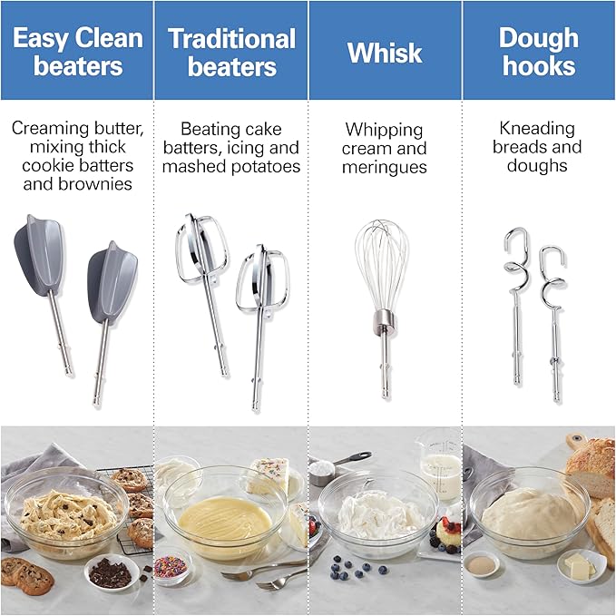 Hamilton Beach 6-Speed Electric Hand Mixer with Whisk, Dough Hooks and Easy Clean Beaters, Powerful 275 Watt Motor, Snap-On Storage Case, Blue