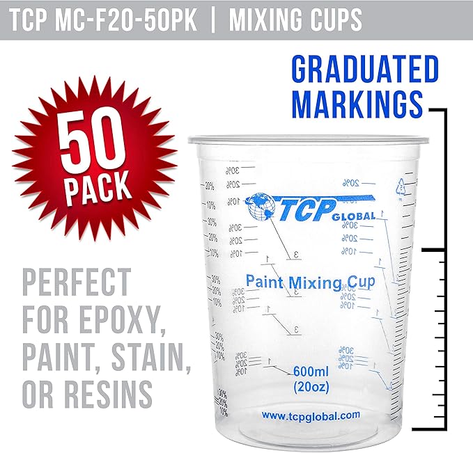TCP Global 20 oz. (600ml) Graduated Plastic Mixing Cups - Box of 50 with 50 Mixing Sticks - Disposable Plastic Measuring Cups for Liquids, Paints, Resin, Epoxy, Art, Kitchen - Ratios 2-1, 3-1, 4-1 ML