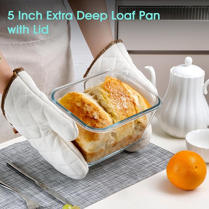 NUTRIUPS 2.7QT Glass Bread Pan with Lid, 8.6x5.1 Inch Deep Loaf Bread Baking Nonstick Pans with Airtight Lids, Rectangular loaf pan for Homemade Meatloaf Sourdough (2.6L Rectangle)